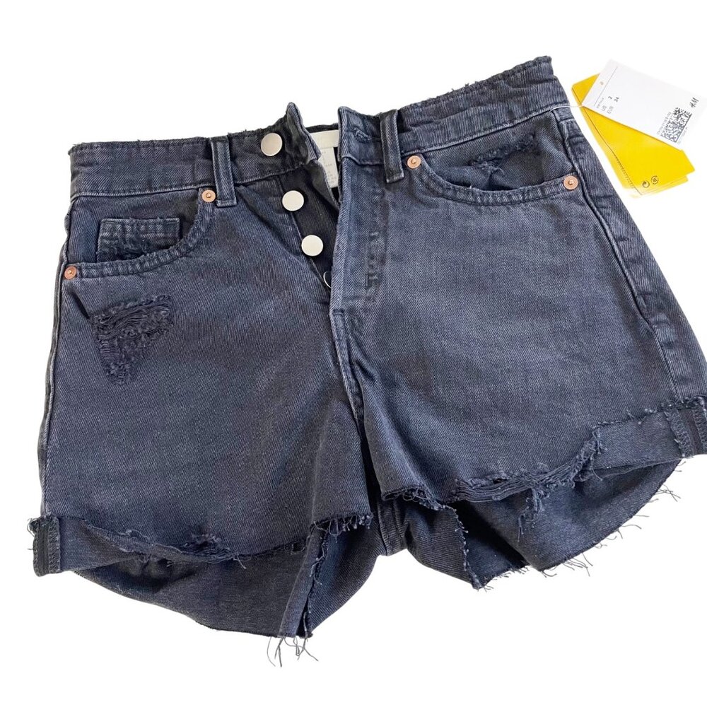H&M High Rise Black Denim Shorts Button Fly Distressed Cut Offs Women’s Sz 2 NWT
